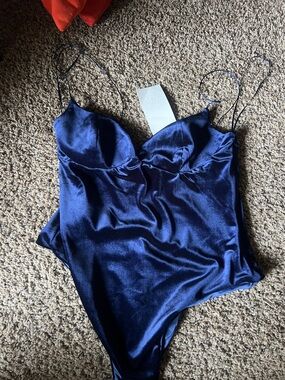Zara Deep Blue Satin Spaghetti Strap Bodysuit